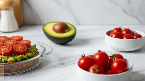 A slice of avocado toast is garnished with tomato slices next to an avocado half and two bowls of tomatoes