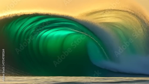 Majestic Ocean Wave Crashing with Emerald Green Water and Golden Sunset Sky.