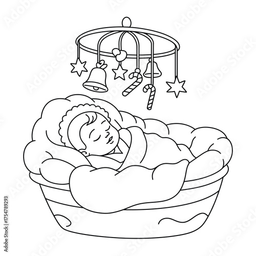 Vector line art illustration of a newborn baby sleeping peacefully in a crib with a mobile silhouette vector illustration white background