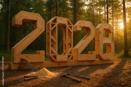 Large wooden 2026 numbers with tools on forest floor at sunrise