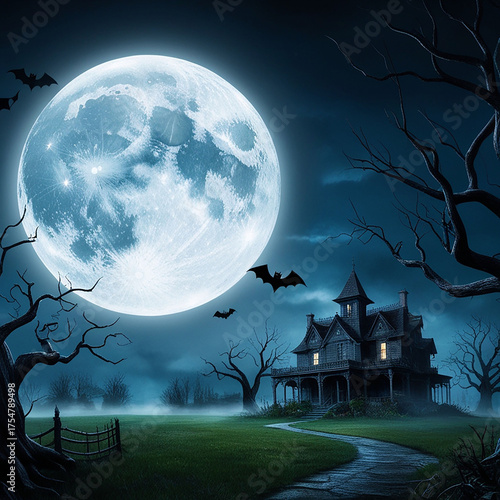 Haunted Mansion Under a Full Moon Night