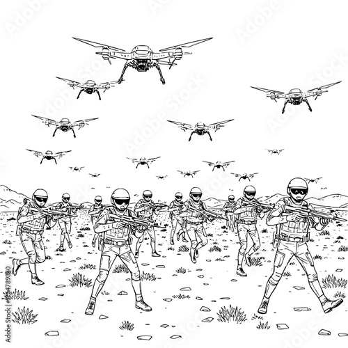 Minimilist illustration depicting a squad of soldiers advancing under the watchful eyes of multiple drones in the sky vector