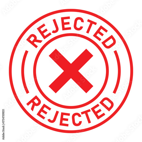 Red circular rejected stamp graphic with bold “REJECTED” text and central X symbol. Ideal for denial, disapproval, business forms, and digital rejection or validation designs.