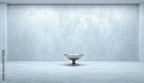 Silver bowl sits alone in a minimalist, modern gallery space.