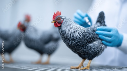 A focused perspective on poultry health, showcasing an act of meticulous care as the individual in a white lab coat administers an injection to a chicken. This moment is framed in a clean.