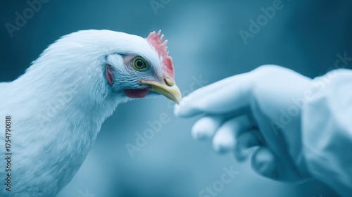 A close-up shot, an image that embodies the intersection of animal welfare, avian health, and agricultural research in an artistic display. Featuring a chicken, and a gloved hand gently interacting.