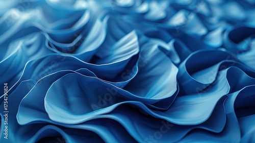 3D render of abstract background with blue paper curves, close - up, low - angle view, minimal concept
