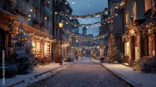Festive Street: A picturesque street adorned with charming lights and holiday decorations, creating a warm and inviting atmosphere during a snowy winter evening.