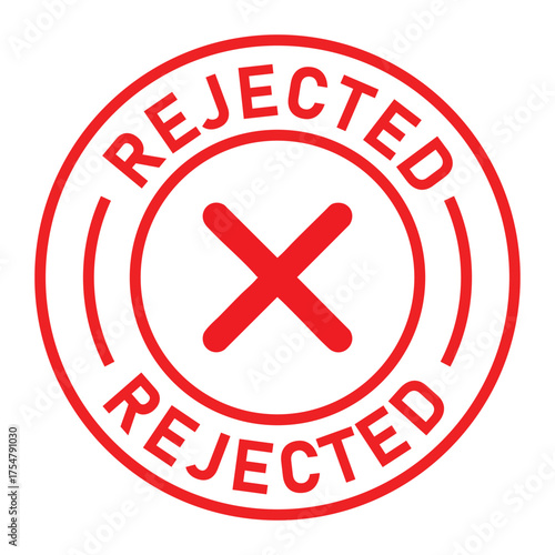 Red circular rejected stamp graphic with bold “REJECTED” text and central X symbol. Ideal for denial, disapproval, business forms, and digital rejection or validation designs.
