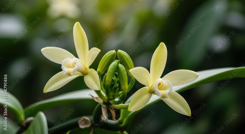 Fototapeta premium Delicate vanilla orchid blossoms emerge, showcasing nature's beauty