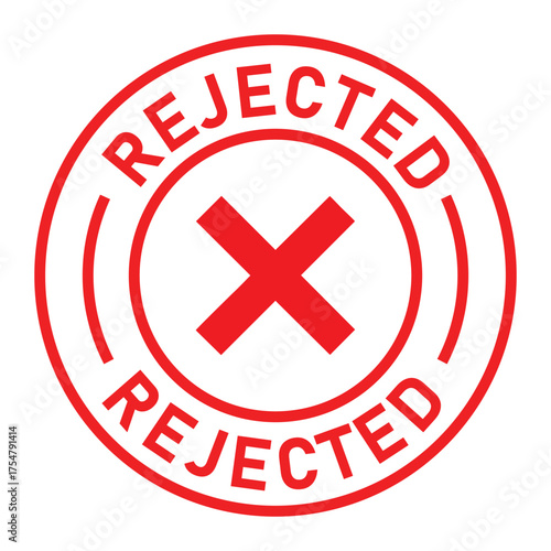 Red circular rejected stamp graphic with bold “REJECTED” text and central X symbol. Ideal for denial, disapproval, business forms, and digital rejection or validation designs.