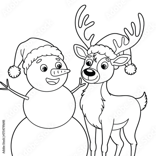 Charming black and white line art vector illustration of a happy snowman and adorable reindeer friends festive scene silhouette vector illustration white background