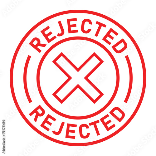 Red circular rejected stamp graphic with bold “REJECTED” text and central X symbol. Ideal for denial, disapproval, business forms, and digital rejection or validation designs.