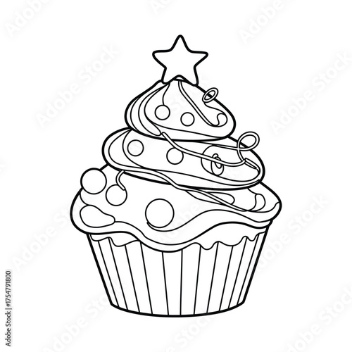 Scalable vector line art illustration of a festive cupcake with star topper and holiday lights icon silhouette vector illustration white background