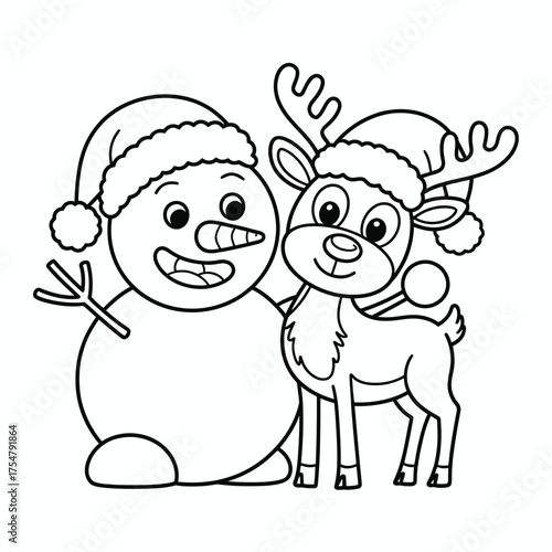 Charming christmas snowman and reindeer line art illustration vector graphic for festive design projects silhouette vector illustration white background