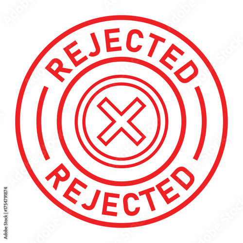 Red circular rejected stamp graphic with bold “REJECTED” text and central X symbol. Ideal for denial, disapproval, business forms, and digital rejection or validation designs.