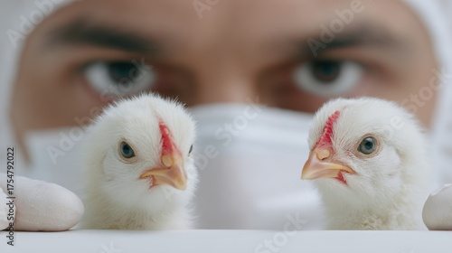 A Poultry Expert examines two chicks in a sterile setting, with a focus on health and husbandry. A poultry expert observes two adorable, fluffy baby chicks in a sterile environment.