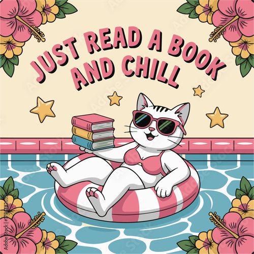 Vector art of a cute cat wearing sunglasses and a bikini floats on an inflatable ring in a swimming pool, reading a book