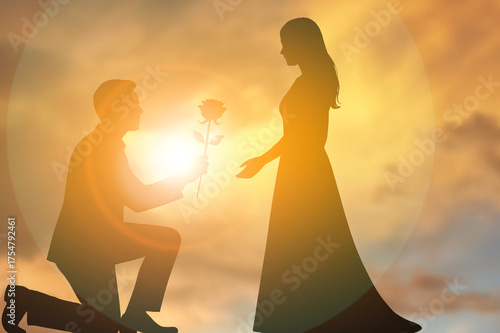 Romantic Silhouette Proposal with Rose at Sunset