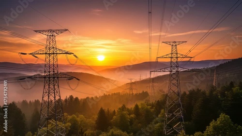 Golden sunset illuminating power lines stretching across a mountainous landscape with trees and fog in the valley