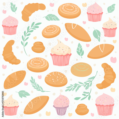 Delicious bakery assortment featuring croissants, cupcakes, bread, and pastries, adorned with delicate green leaves and sprigs, creating a delightful food illustration