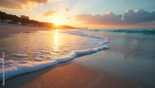 Vibrant sunset bathes serene ocean beach with golden light. Soft waves gently roll onto sandy shore, leaving foamy lines. Sun reflects on wet sand, tranquil water surface, distant horizon. Beautiful,