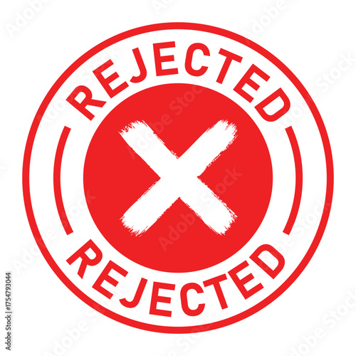 Red and white circular rejected stamp graphic with bold “REJECTED” text and central white X symbol. Ideal for denial, disapproval, business forms, and digital rejection designs.
