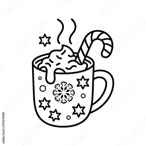 Scalable vector eps illustration of a festive hot chocolate mug with whipped cream candy cane and snowflakes silhouette vector illustration white background