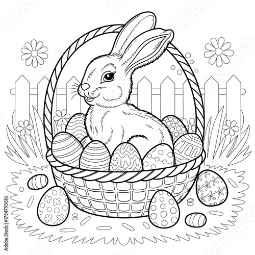 Easter bunny in woven basket filled with decorated eggs and flowers vector illustration scalable eps outline drawing silhouette vector illustration white background