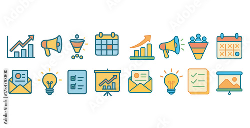 Marketing strategy outline icons set – flat, linear, business and advertising symbols