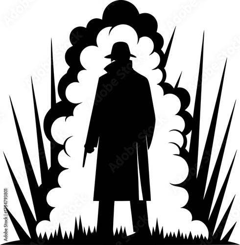 mysterious detective silhouette with hat and trench coat standing amid dramatic smoke explosion, noir secret agent concept