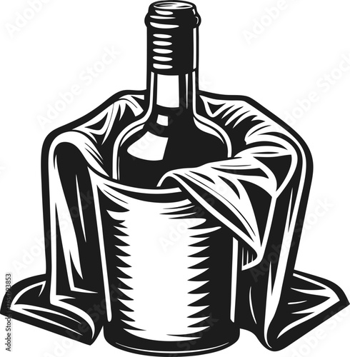 Wine bottle chilling in ice bucket with draped cloth monochrome vintage illustration for bar and restaurant themes