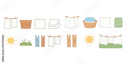 Laundry and household flat icons set – washing, drying, daily chore symbols