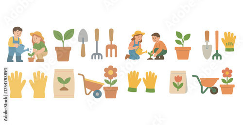 Gardening tools and activities flat icons set – planting, landscape, horticulture graphics