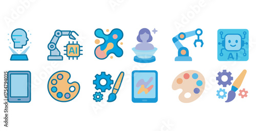 Artificial intelligence flat icons set – tech, machine learning, digital symbols
