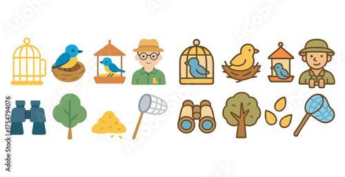 Birdwatching linear icons set – nature, wildlife, birdwatcher essentials