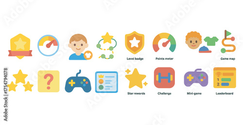 Gamification solid icons set – flat style, achievement and rewards symbols