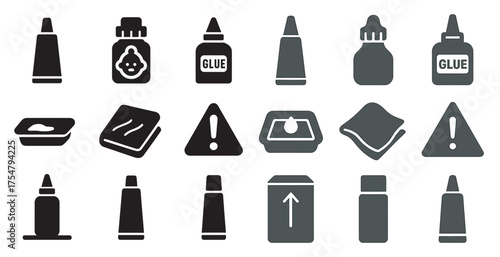 Glue and adhesive silhouette icons set – solid, filled, craft and repair symbols