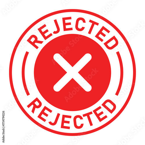 Red and white circular rejected stamp graphic with bold “REJECTED” text and central white X symbol. Ideal for denial, disapproval, business forms, and digital rejection designs.