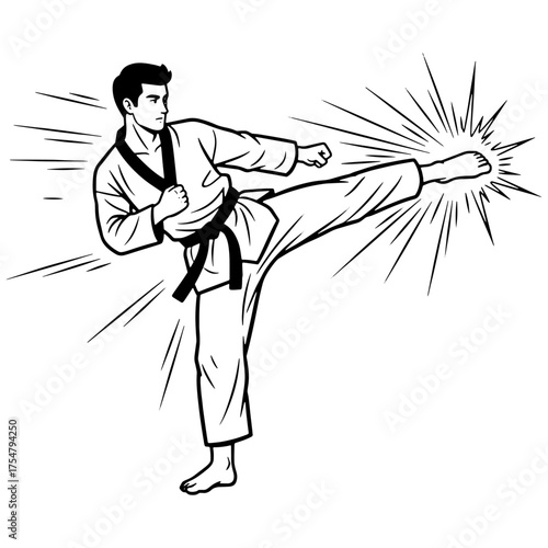 Martial artist with a black belt executing a powerful kick. Dynamic black and white vector illustration for a Taekwondo or Karate dojo logo or t-shirt.

