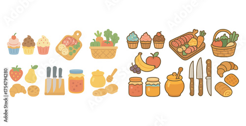 Culinary and food outline icons set – flat, filled, gastronomic and cooking symbols