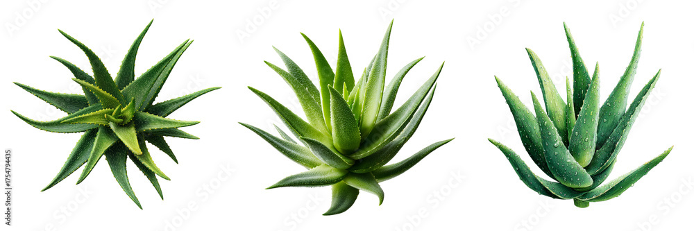 Fototapeta premium Set of an aloe vera plant with fresh thick leaves, detailed surface texture, natural green tones, realistic minimal design isolated on a transparent background
