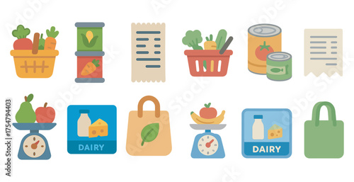 Shopping and grocery flat icons set – filled, cart and market symbols for retail