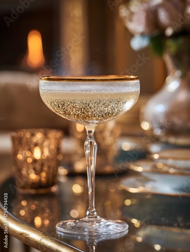 A bubbly champagne coupe with a gold rim sits elegantly on a reflective table in a warm luxurious setting
