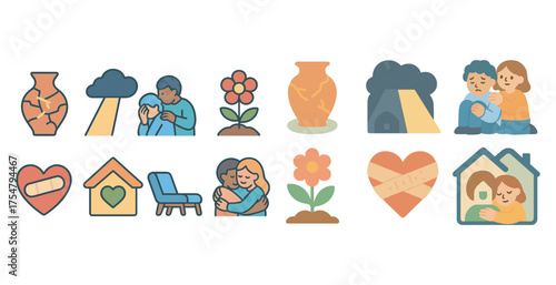 Mental health flat icons set – wellness, support, emotional care symbols