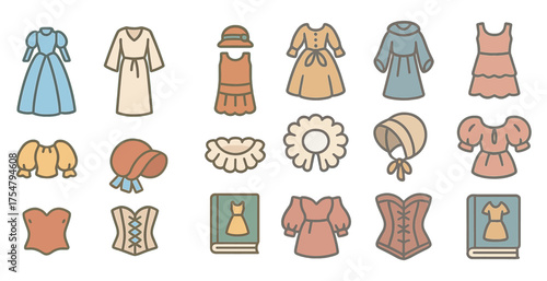 Vintage fashion outline icons set – retro, antique, clothing and apparel symbols