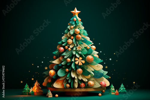 Illustration of a Christmas tree decorated with ornaments and a star on a dark background with copy space. Festive and elegant image ideal for Christmas designs and projects