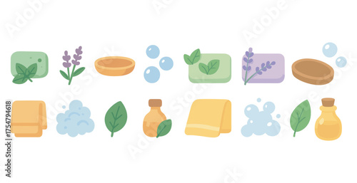 Bath and spa flat icons set – clean, self-care, relaxation symbols