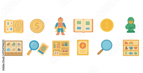 Collectible and hobby icons set – flat, filled, amateur and pastime visuals