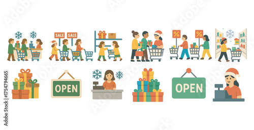 Christmas shopping icons set – flat, holiday, retail and festive elements